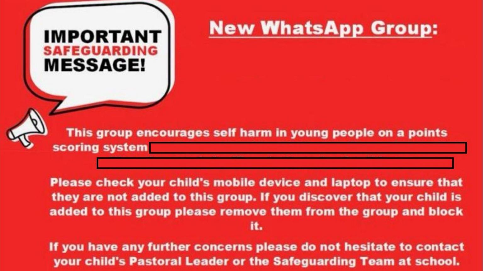Screenshot of One of number of communications sent to thousands of parents by schools across the north east in March, relating to inappropriate content on WhatsApp groups
