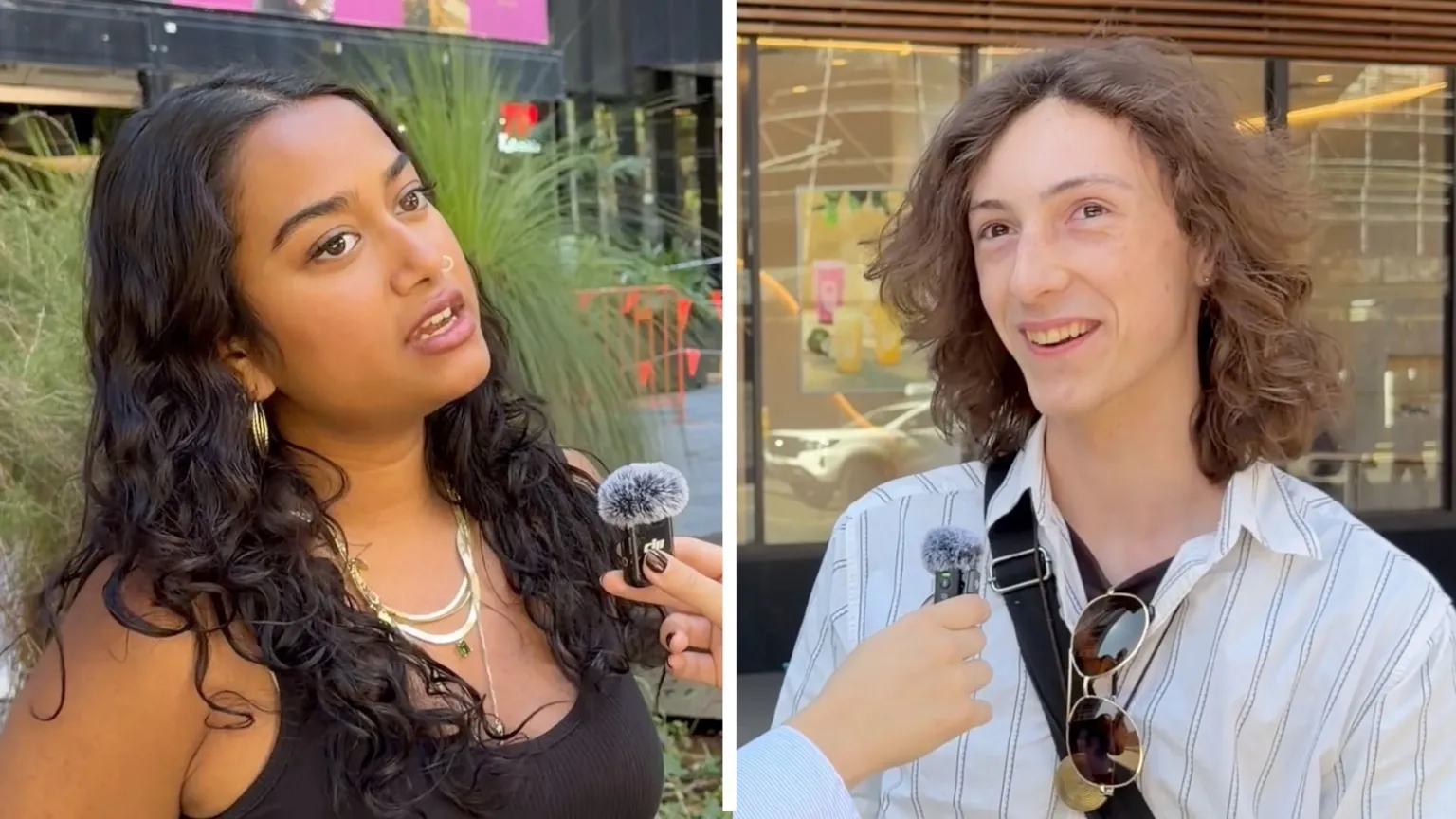 Split screen of a young women on the left and young man on the right, both are looking thoughtful.
