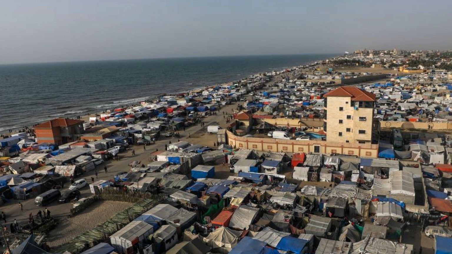 Aerial view of camp in Deir Al Balah, to where Palestinians from Rafah and the northern Gaza Strip have fled