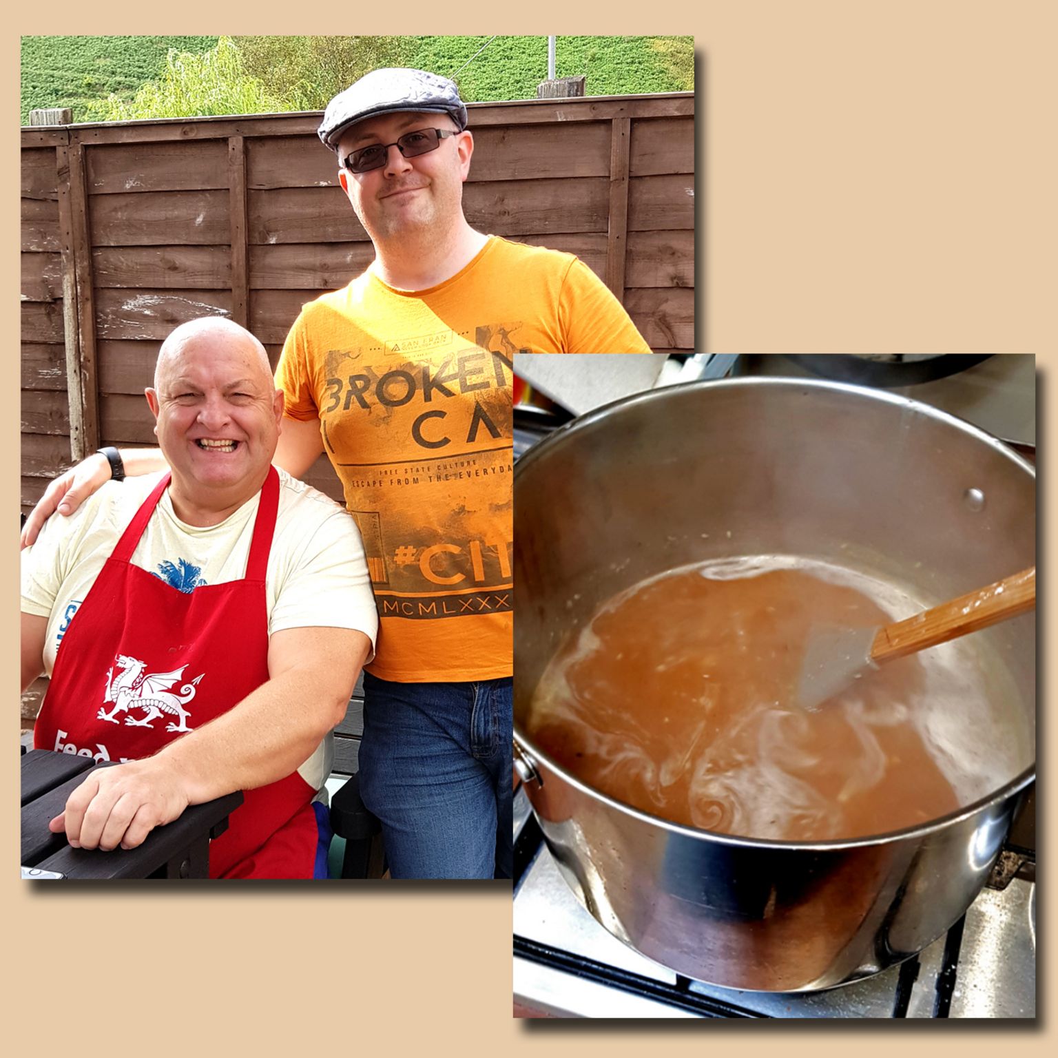 Peter and Dean Burnett, and a saucepan of Dean's gravy