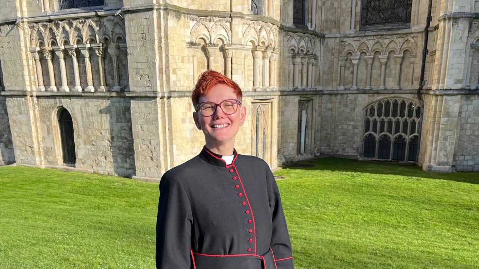 Reverend Wendy Dalrymple outside Canterbury Cathedral 