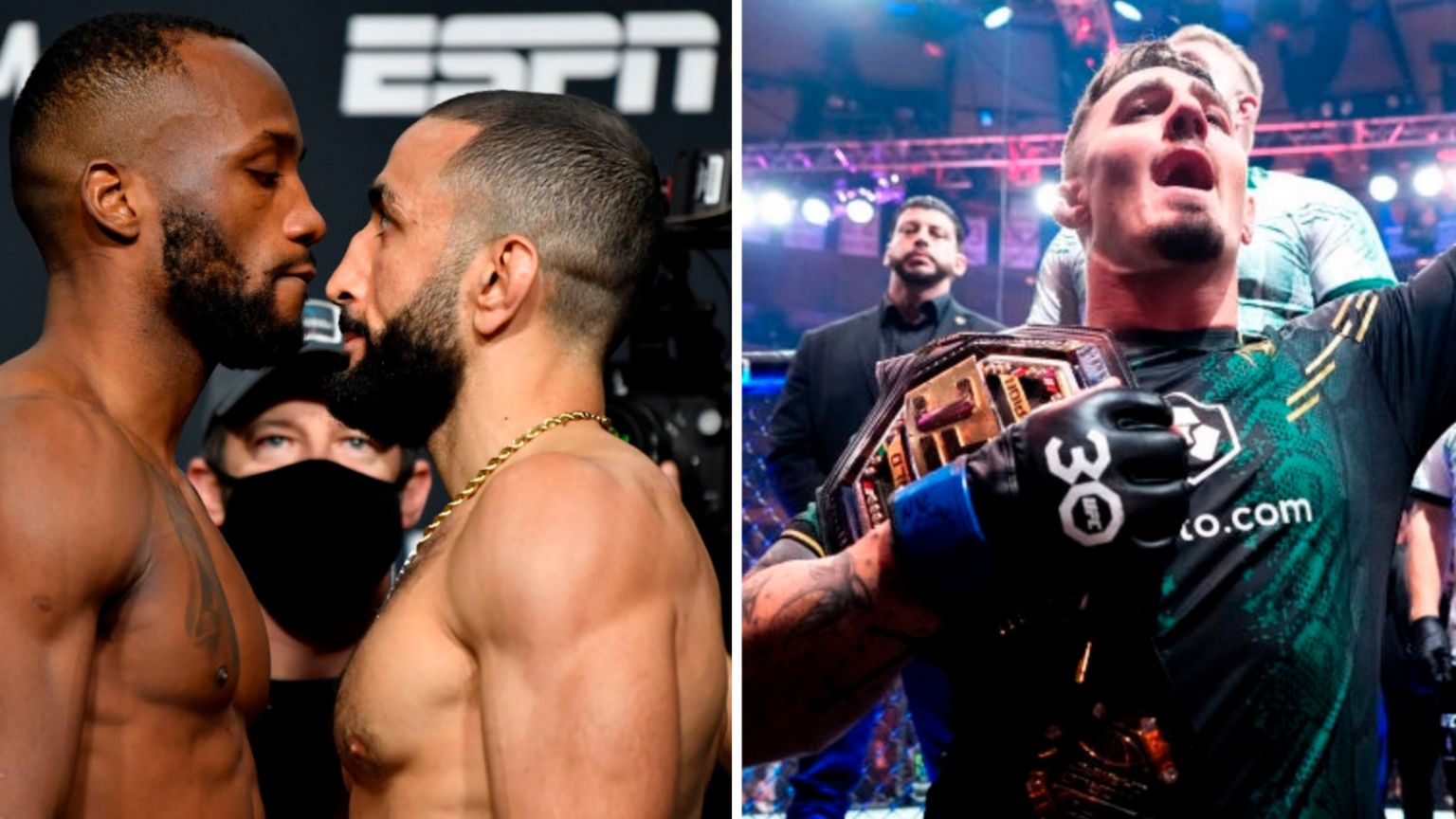 Split image of Leon Edwards facing disconnected pinch Belal Muhammad beside Tom Aspinall celebrating pinch his UFC belt