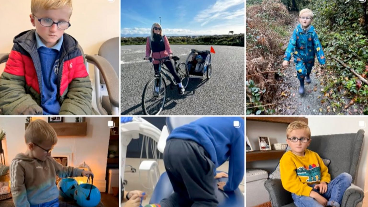 Six images posted on Instagram showing Noa including, clockwise from top left - Noa in school uniform and coat, mother Sophie with a bike and cycle chariot attached with Noa inside, Noa outside wearing blue rain coat and wellie, Noa sat on an armchair wearing a yellow sweater with a dinosaur image on it, Noa clambering on a dentist chair, Noa with his blue pumpkin bucket