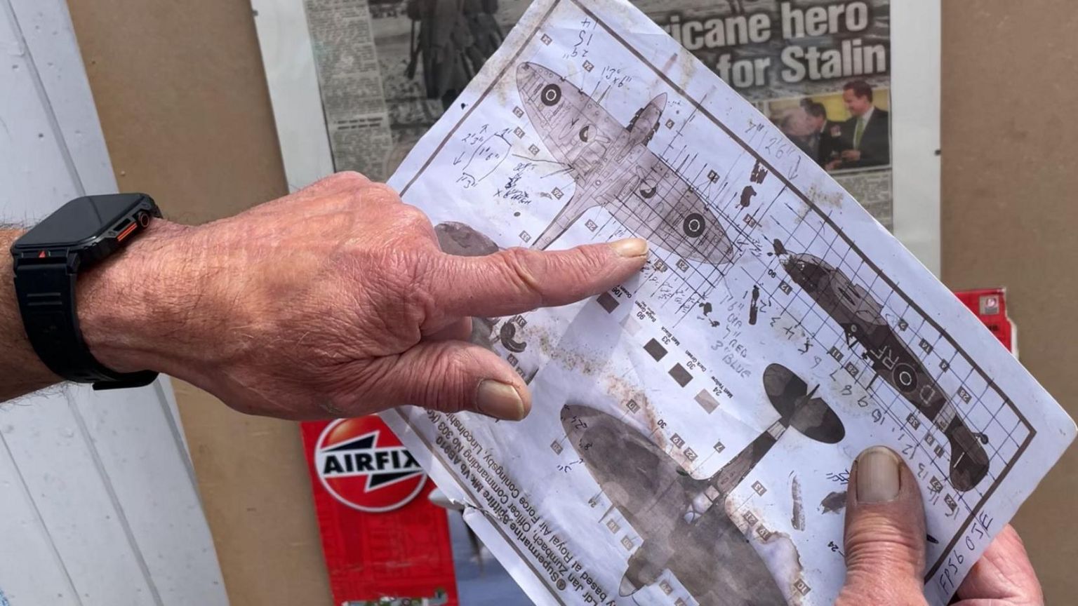 The instructions from a model plane kit, Mr Scott used to build the replica