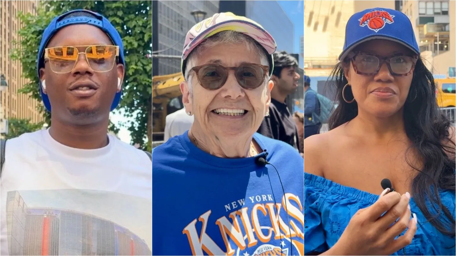 Kayla Epstein / BBC A collage showing three fans of the New York Knicks wearing team gear near Madison Square Garden.