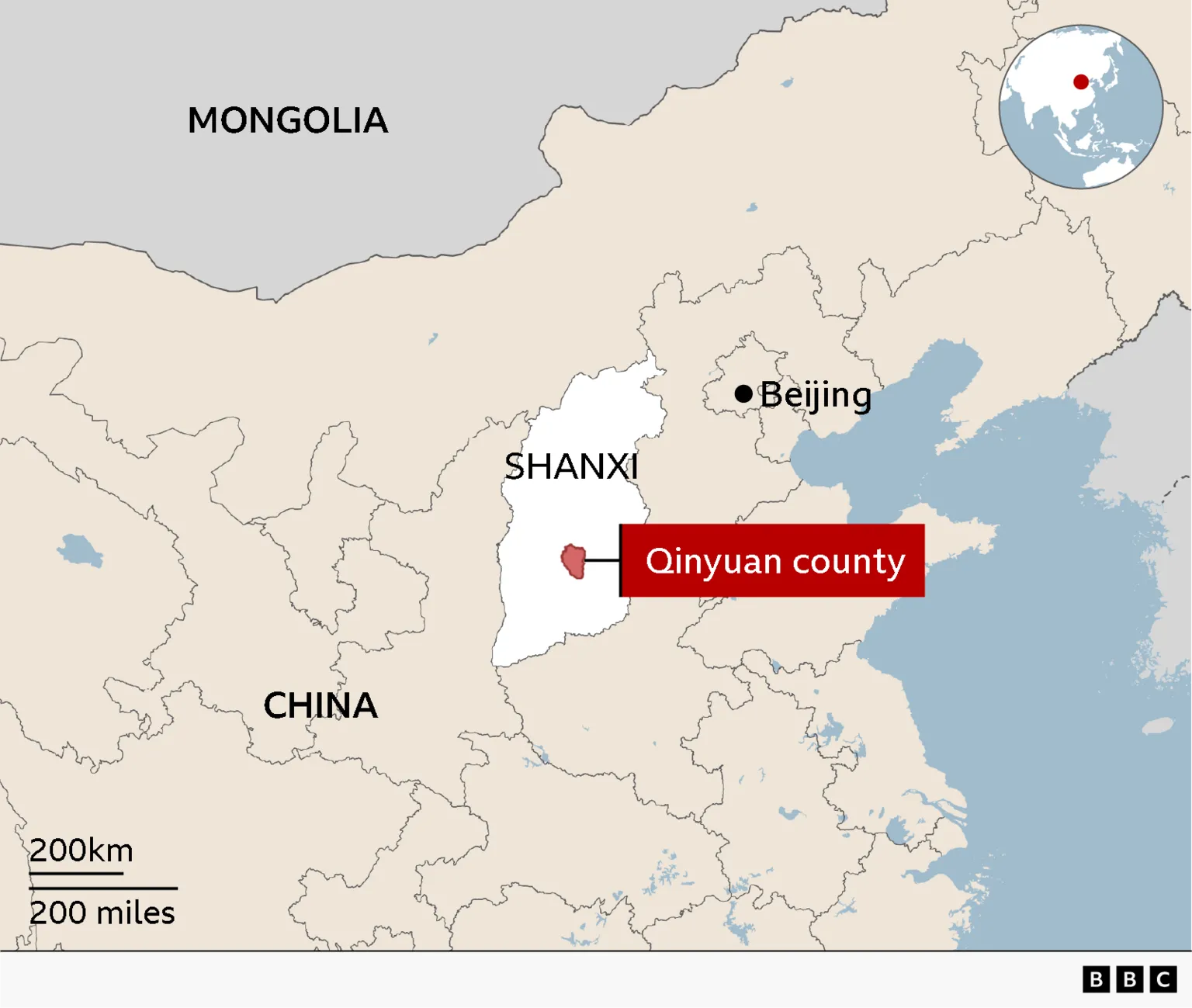 Map showing the location of Qinyuan County in Shanxi province, northern China. The county is highlighted in red within Shanxi, with Beijing marked to the northeast and Mongolia labelled to the north. An inset globe indicates the region’s position in East Asia.