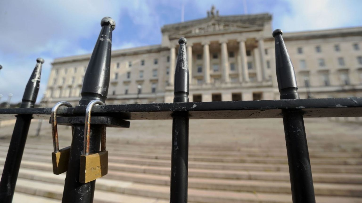 General view of the locked gates at Stormont in Belfast