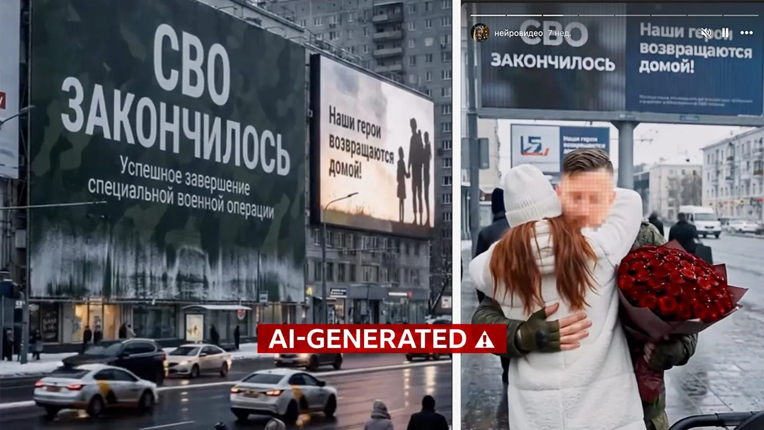 BBC "The Special Military Operation has ended" and "Our heroes are coming home," read the billboards on the left