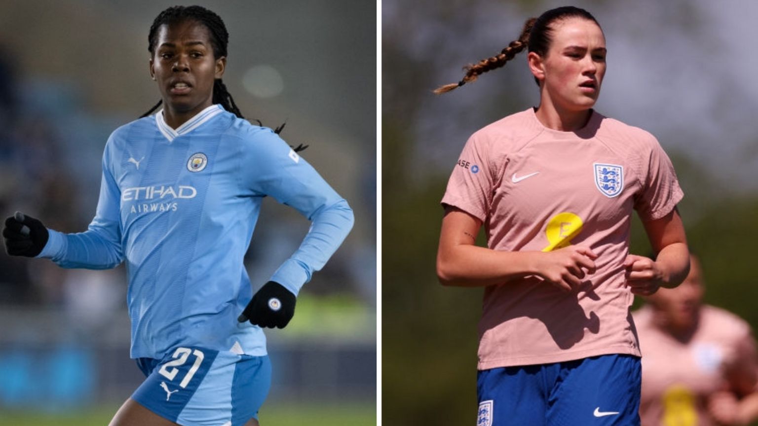 Composite image of Manchester City forward Khadija Shaw and Grace Clinton of Manchester United