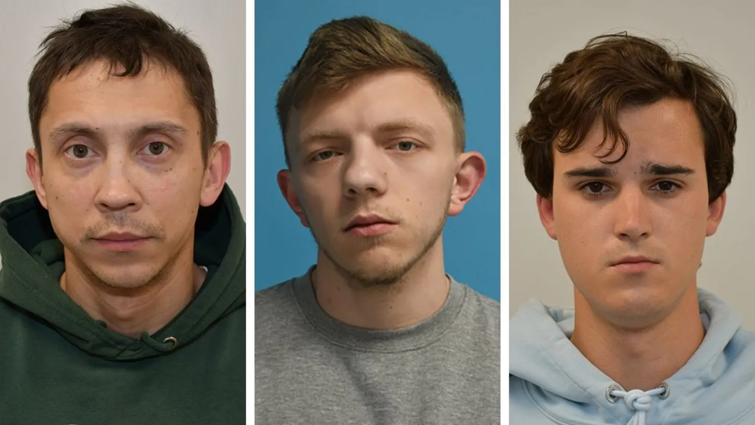 Metropolitan Police A composite image showing police photos of the three defendants: Petro Pochynok is a man with short brown hair wearing a dark hoodie, Roman Lavrynovych has lighter brown hair styled in a quiff and wears a grey sweatshirt, while Stanslav Carpiuc has longer dark brown hair which falls over his forehead and wears a pale blue hoodie.