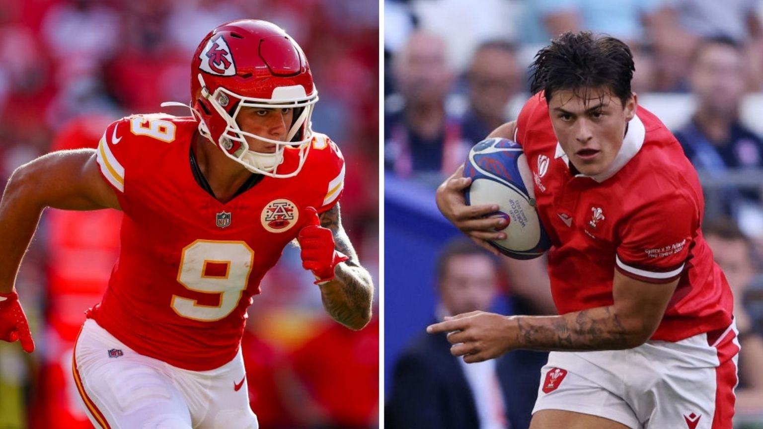 Louis Rees-Zammit playing for Kansas City Chiefs, left, and playing rugby union for Wales, right