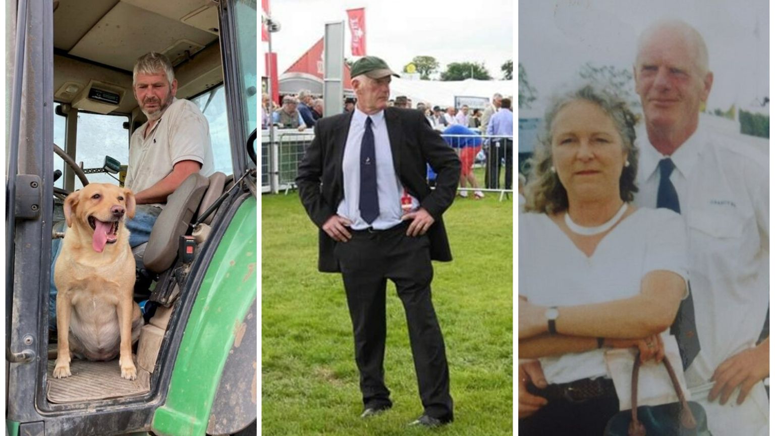 A collage of three pictures of the A303 crash victims. Left Andrew Carless on a green tractor with his dog. Middle is Dennis Smith standing on grass in a suit. Right is Claire Stride wearing white hugging Dennis Smith.