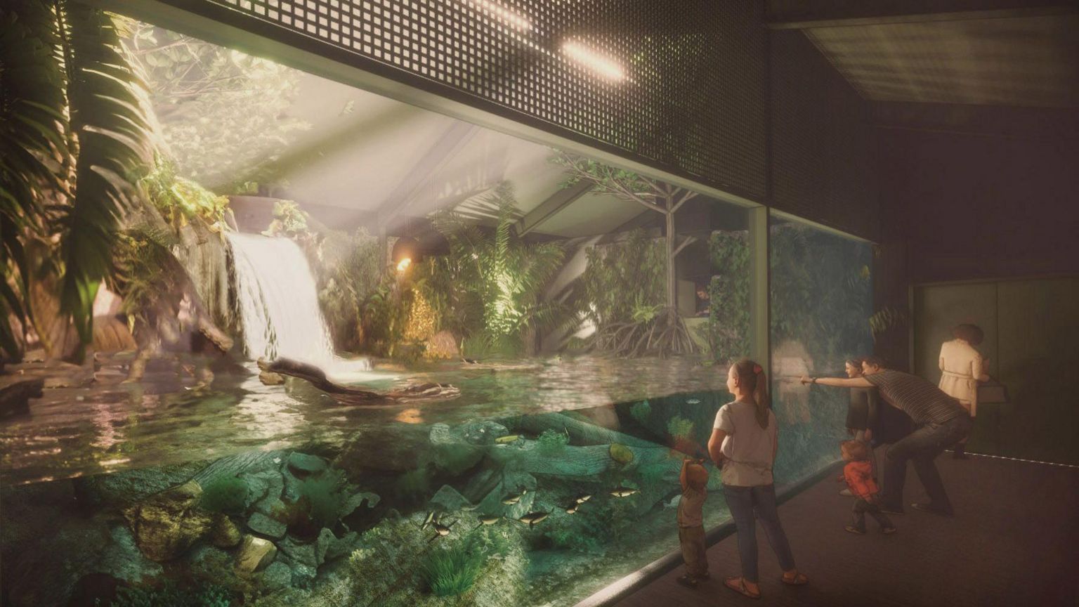 A CGI-generated image of an underwater viewing area. There is a glass screen which is half full of water with lots of rocks and plants above the water and several fish swimming past while visitors watch and point 