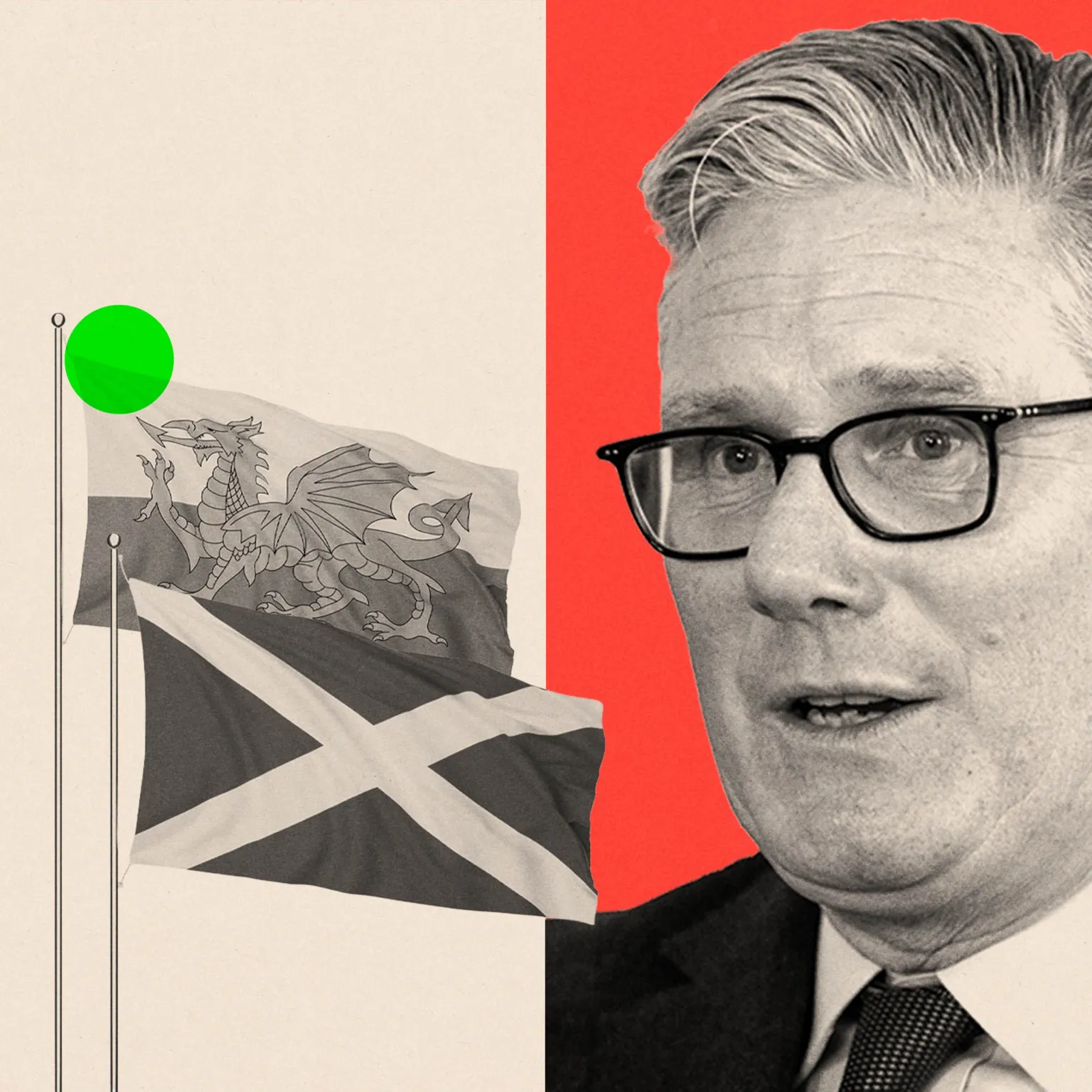 BBC A treated collage of the Welsh and Scottish flags with a close up of Keir Starmer