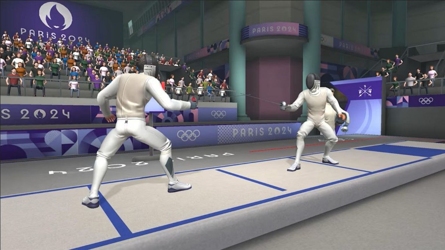 A screenshot shows two competitors about to engage in a fencing bout. They are wearing protective gear.