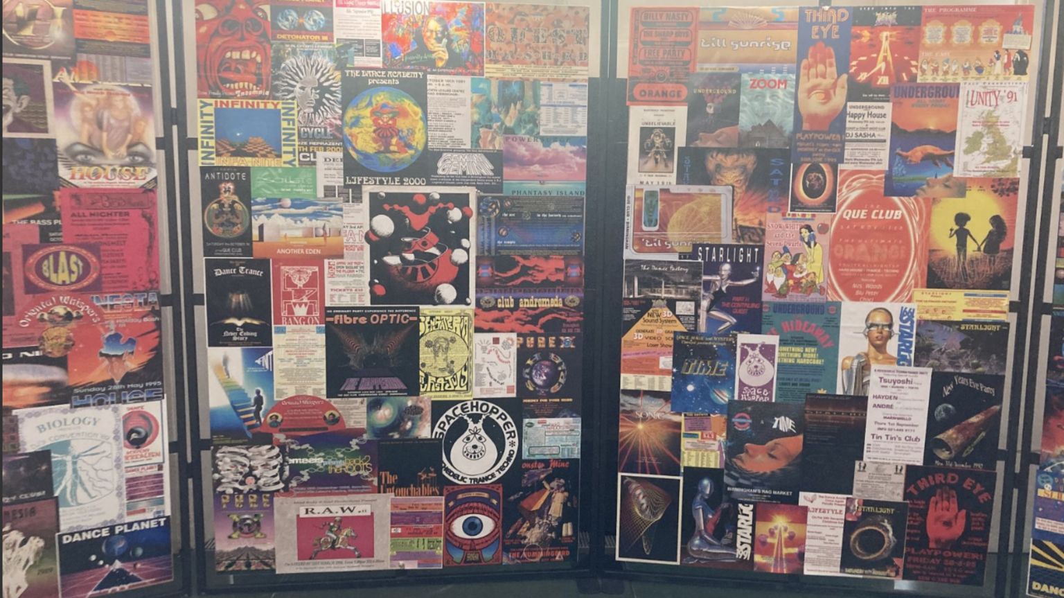 A wall of lots of flyers promoting raves that all took place in 1989