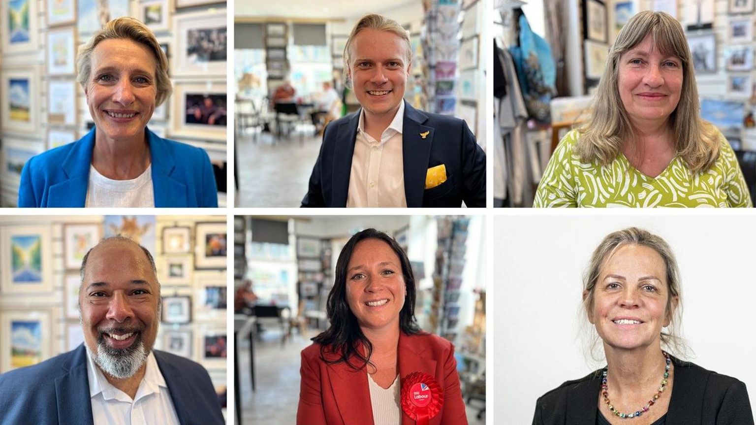 The six Bognor Regis and Littlehampton candidates are (top row from left to right) Conservative Alison Griffiths, Liberal Democrat Henry Jones, Carol Birch for the Green Party, and (bottom row left to right) David Kurten for the Heritage Party, Labour's Clare Walsh and Reform UK's Sandra Daniells
