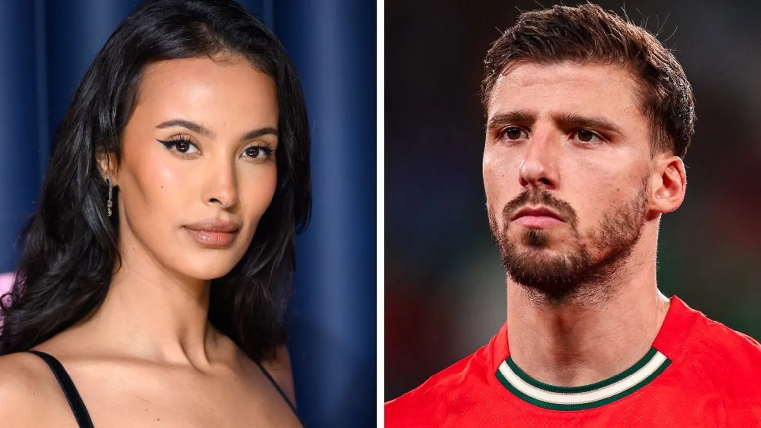 Getty Images A composite image showing Maya Jama (left) wearing a black dress, and Ruben Dias (right) wearing a red football shirt.