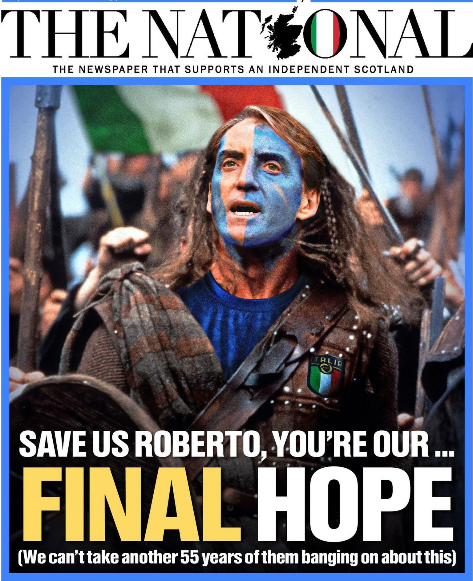 The National newspaper with Roberto Mancini as Braveheart