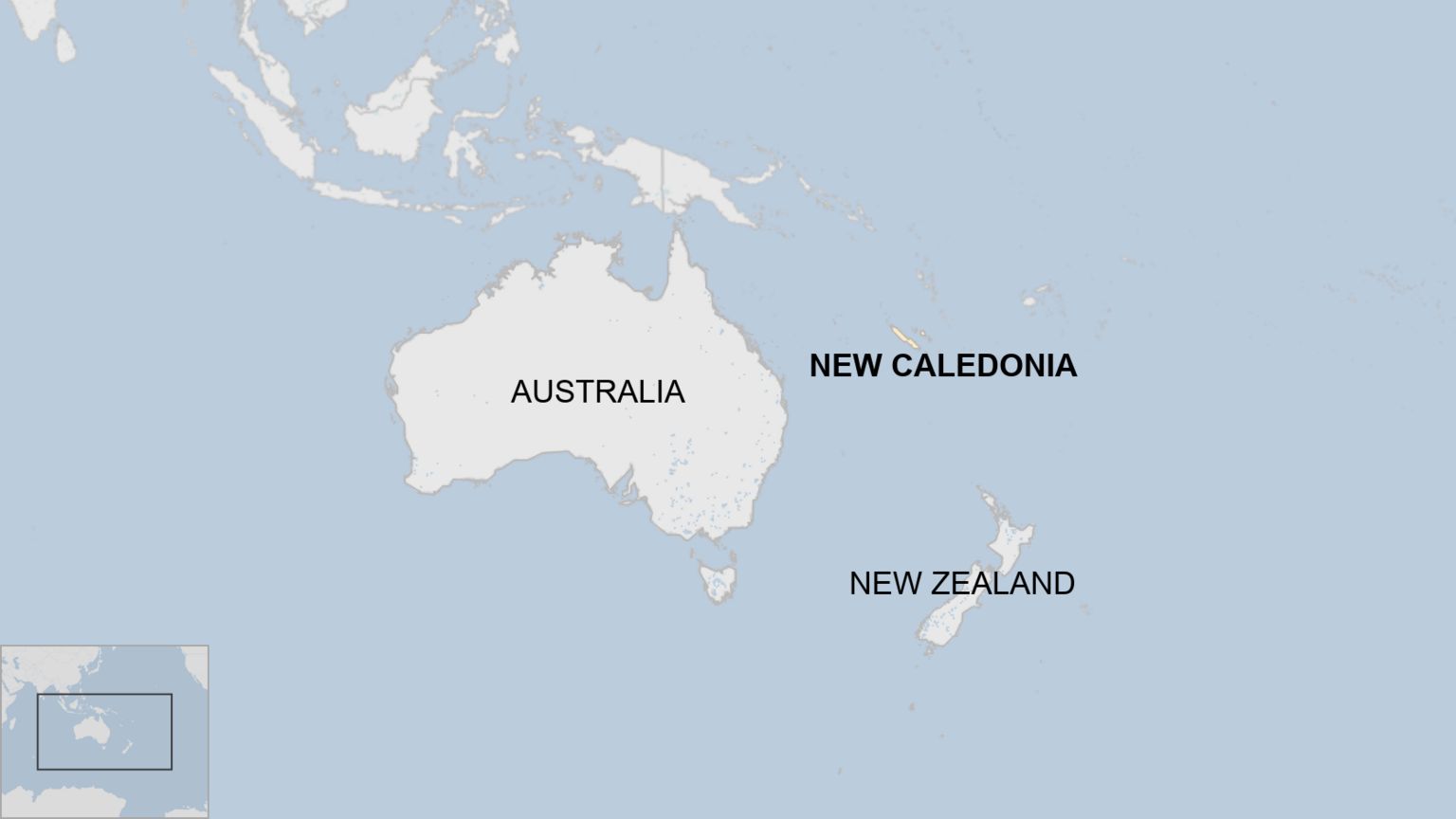 Locator map showing New Caledonia in relation to Australia and New Zealand