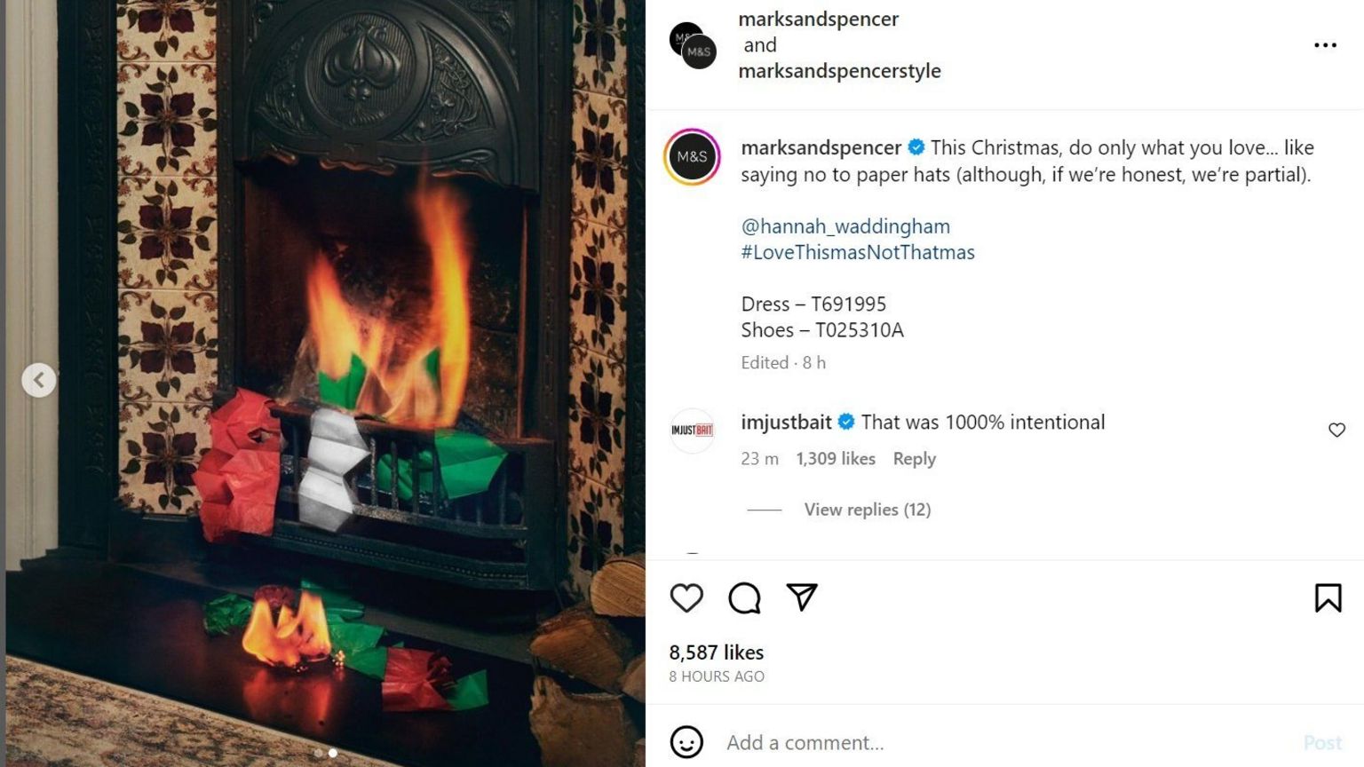 The post deleted by Marks and Spencer after intense criticism showing red, silver and green party hats burning in a fire