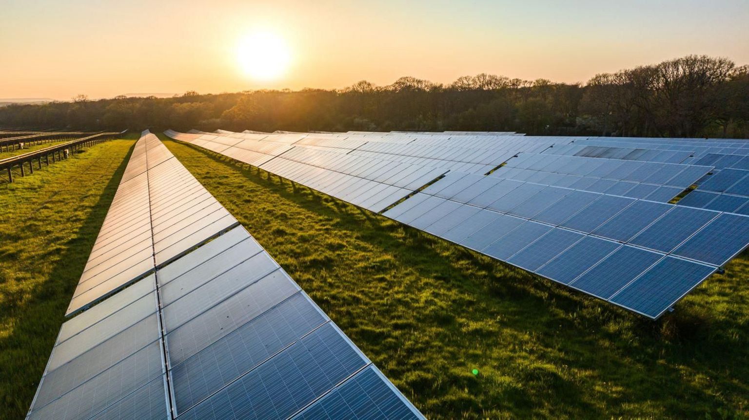 Several rows of solar panels on a field with the sun setting in the background