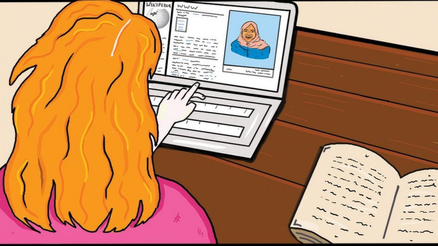 cartoon of woman editing Wikipedia