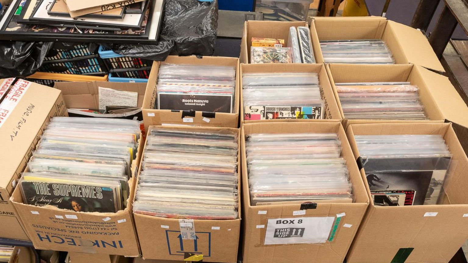 Boxes of Pete Anderson's vinyl collection