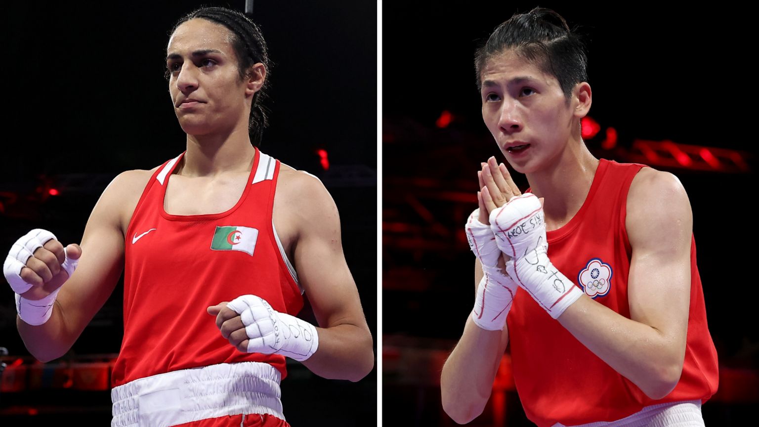 A split image of boxers Imane Khelif (left) and Lin Yu-ting (right)