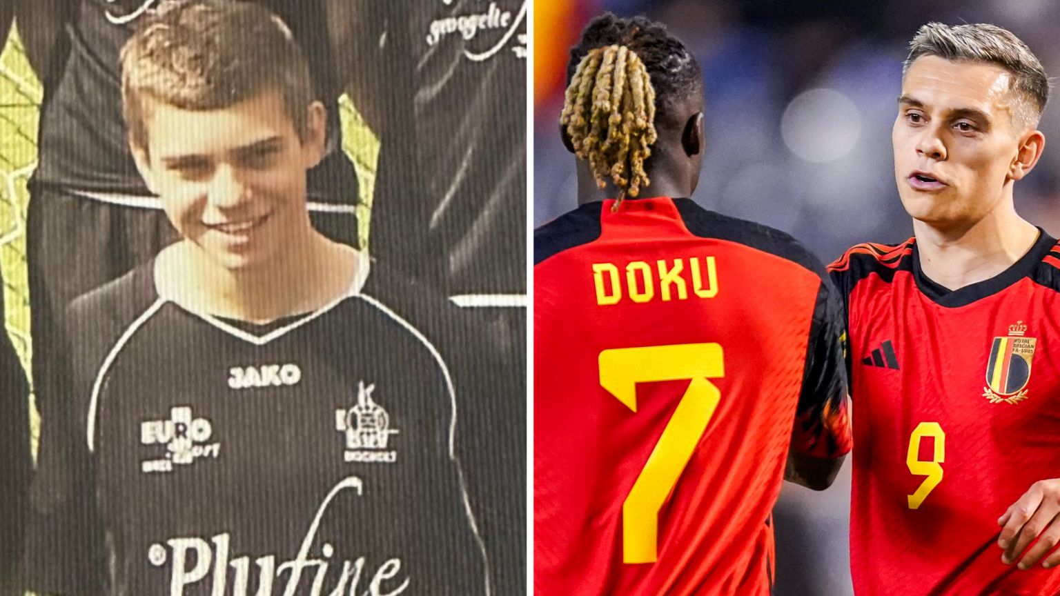 A split picture of Leandro Trossard and him playing for Belgium