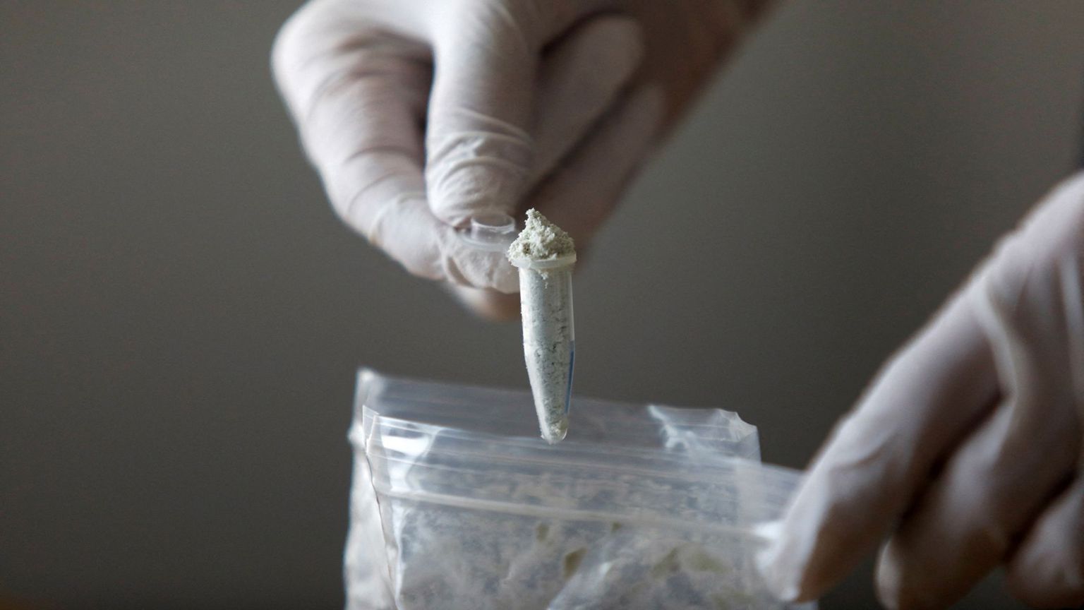 一只戴着手套的手从一个塑胶袋中舀起一小匙灰色粉末。
