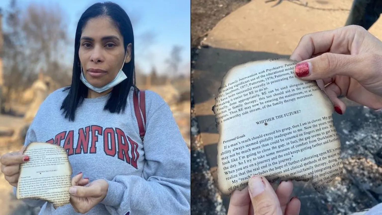 Deisy Suarez holds a page of a book. She is wearing a gray sweater with a Stanford logo on it. One of the pages of the book can be seen, with the writing 'Whither the future?' visible on the page 