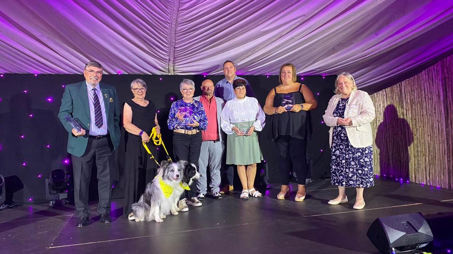 Eight people stand on a stage, holding glass awards. There are two therapy dogs on a yellow lead.