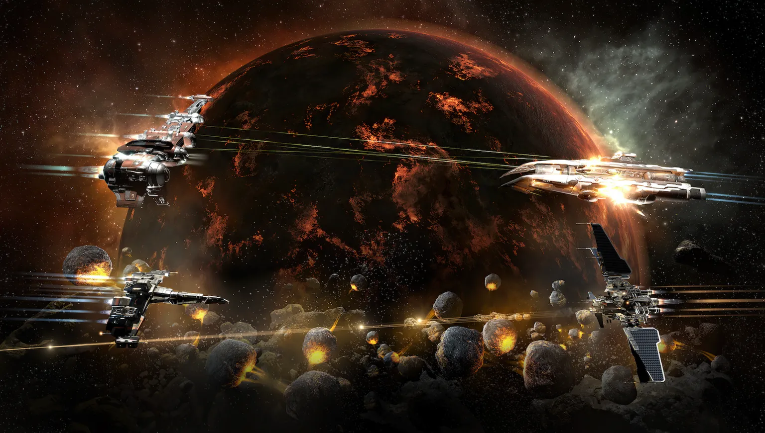 Fenris Creations Several futuristic spacecraft exchange laser fire in a scene from EVE Online while flying through an asteroid field, with a large, glowing red planet dominating the background. Explosions flare among the drifting rocks as ships manoeuvre and fire across the scene.
