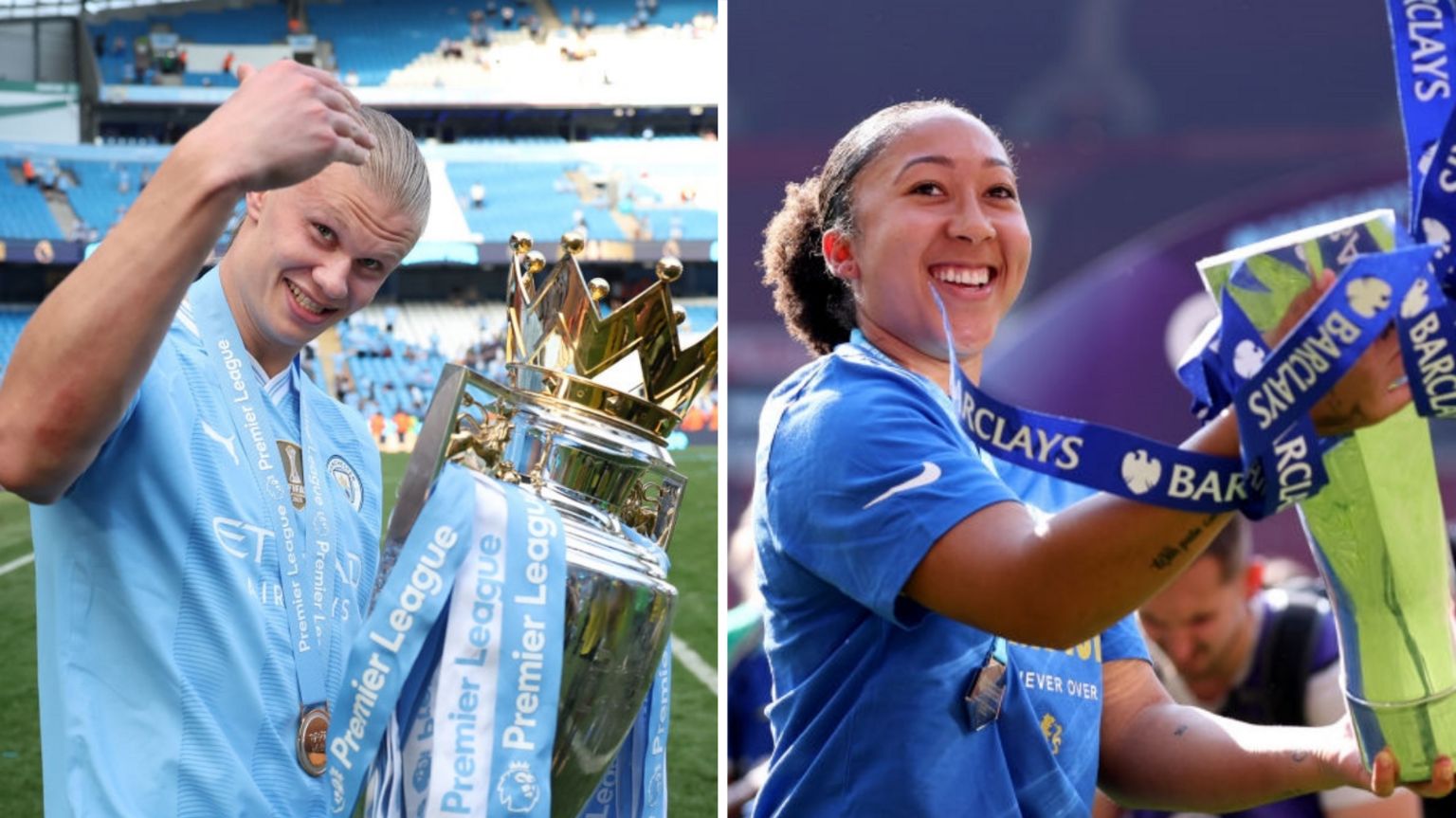 Composite image of Manchester City's Erling Haaland and Chelsea's Lauren James pinch some holding their respective convention trophies