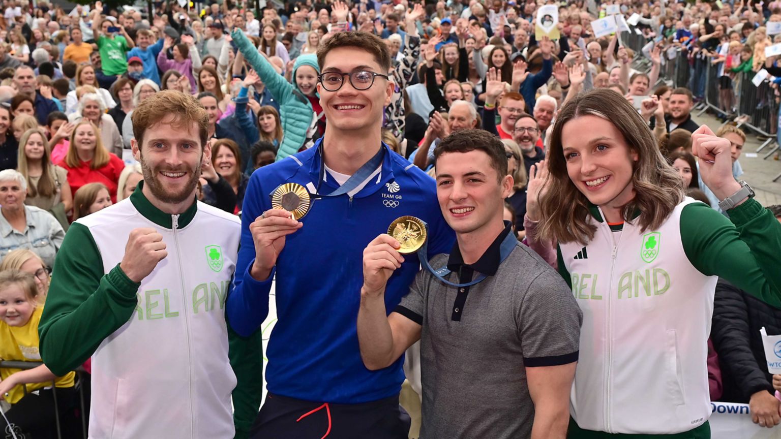 Gold medallists Rhys McClenaghan (second right) and Jack McMillan (second left) joined fellow Olympic competitors Rachel McCann and Michael Robson in Newtownards