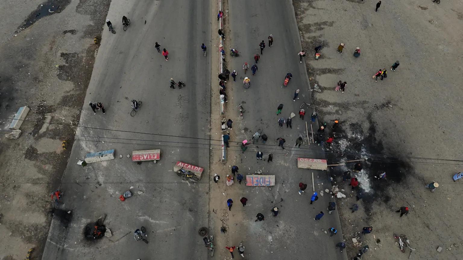 Getty Images Aerial view shows demonstrators blocking a road during a protest against the government in El Alto