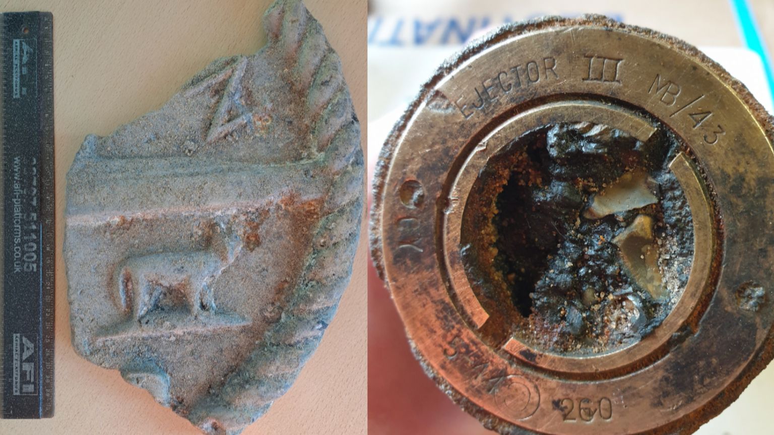 Broken part of the submarine crest and a brass round part with "ejector" etched in