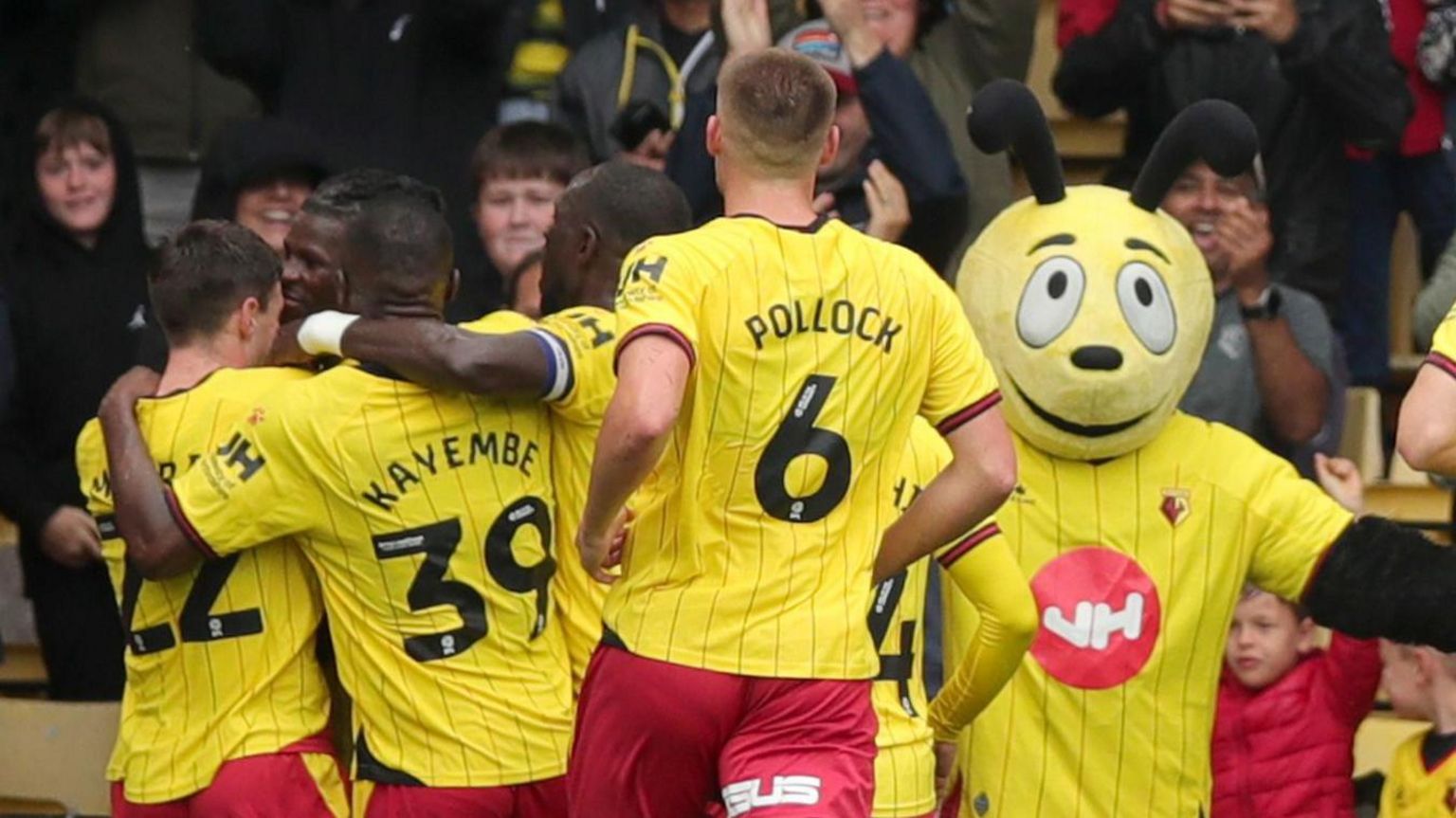 Watford players and mascot celebrate Vakoun Bayo's first-half goal agaionst Derby County