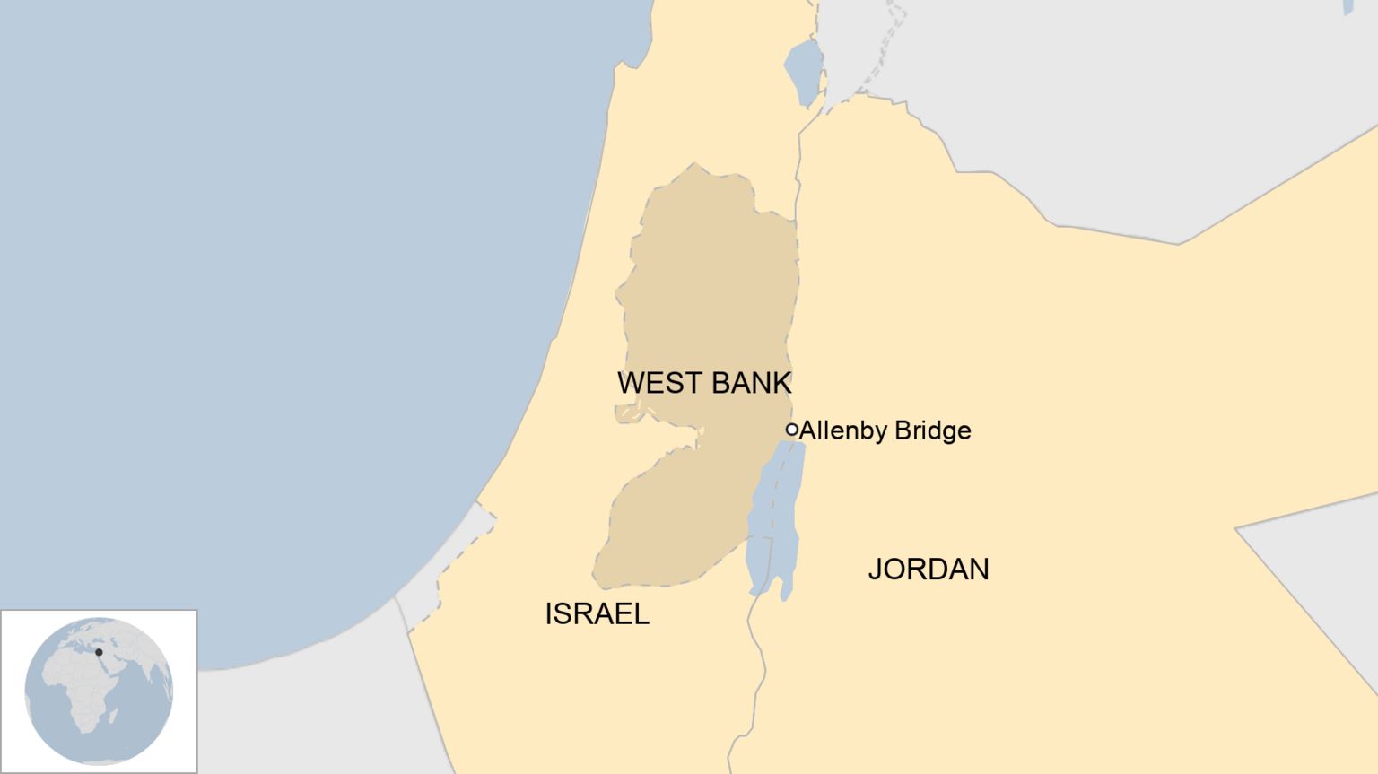 Map showing Israel, Jordan, the West Bank and Allenby Bridge