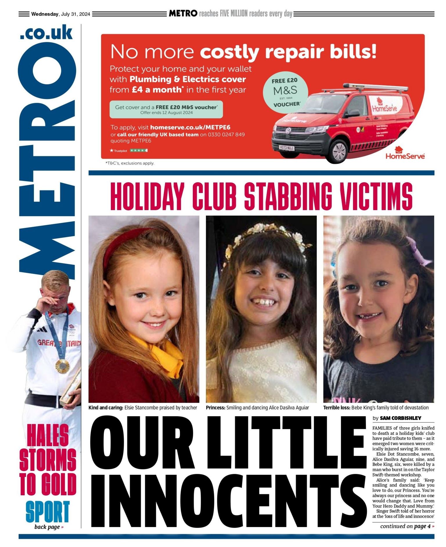 The headline on the front page of the Metro reads: "Our little innocents" 