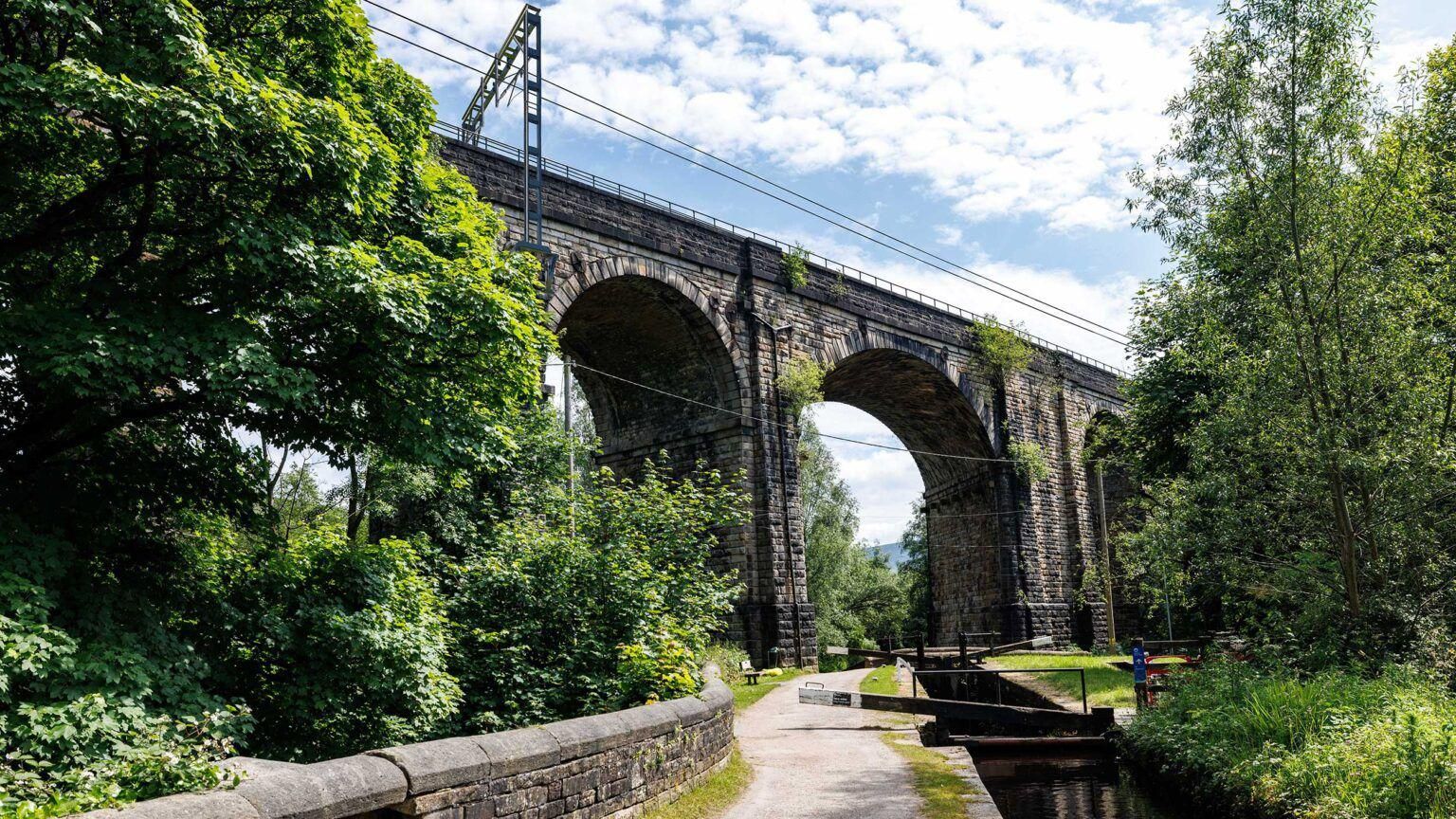 A view of proposed overhanging electrical equipment across Saddleworth Viaduct 