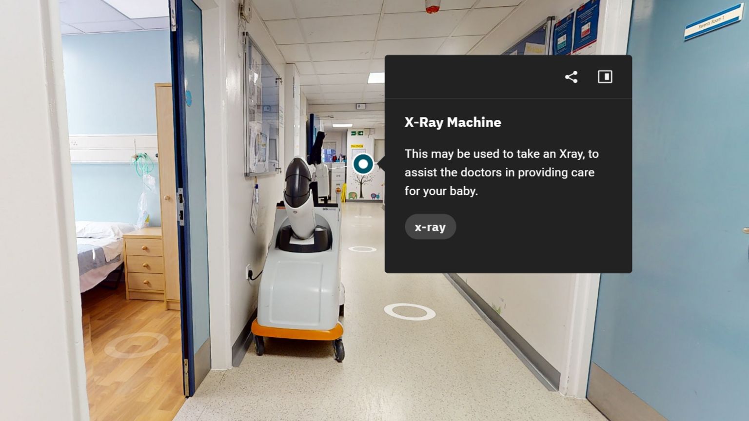 screenshot of virtual tour, showing x-ray machine