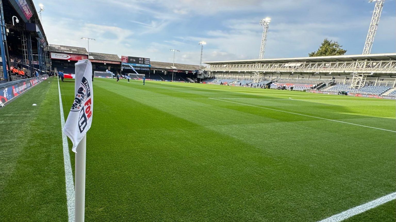 Kenilworth Road, Luton, showing a FA corner flag on the football pitch