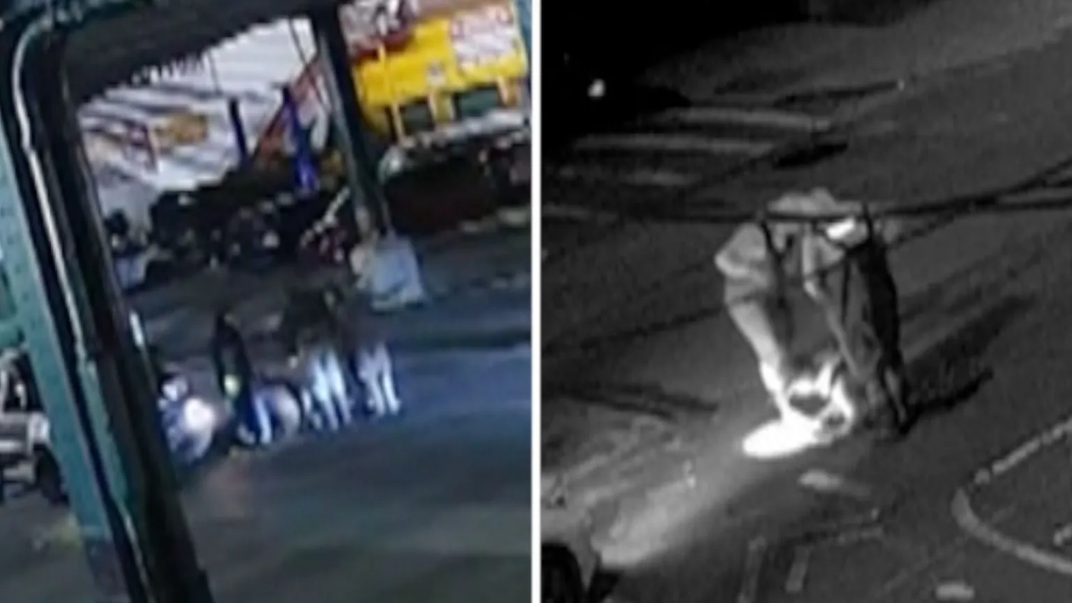 Split screen. In both sides, a group of people surround a manhole.