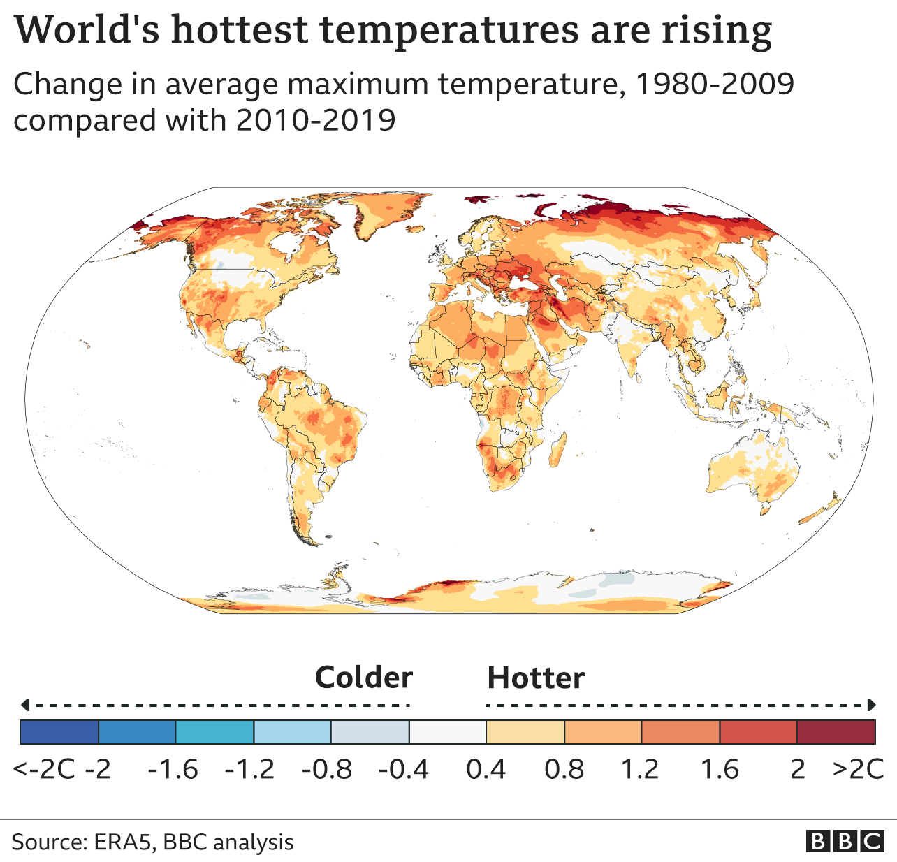 World map showing change in average maximum temperatures between the last decade and the reference period of 1980-2009