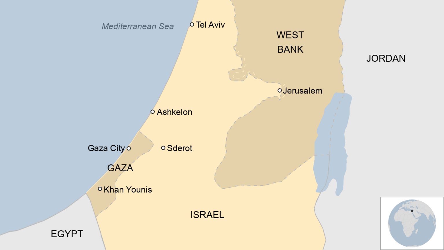 Map showing Israel, Gaza and the West Bank