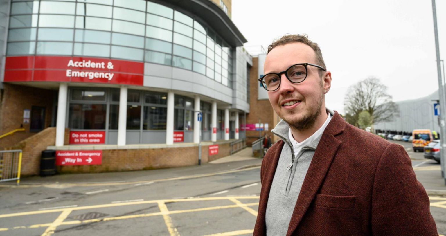 Cllr Adam Dance outside Yeovil Hospital's A&E department