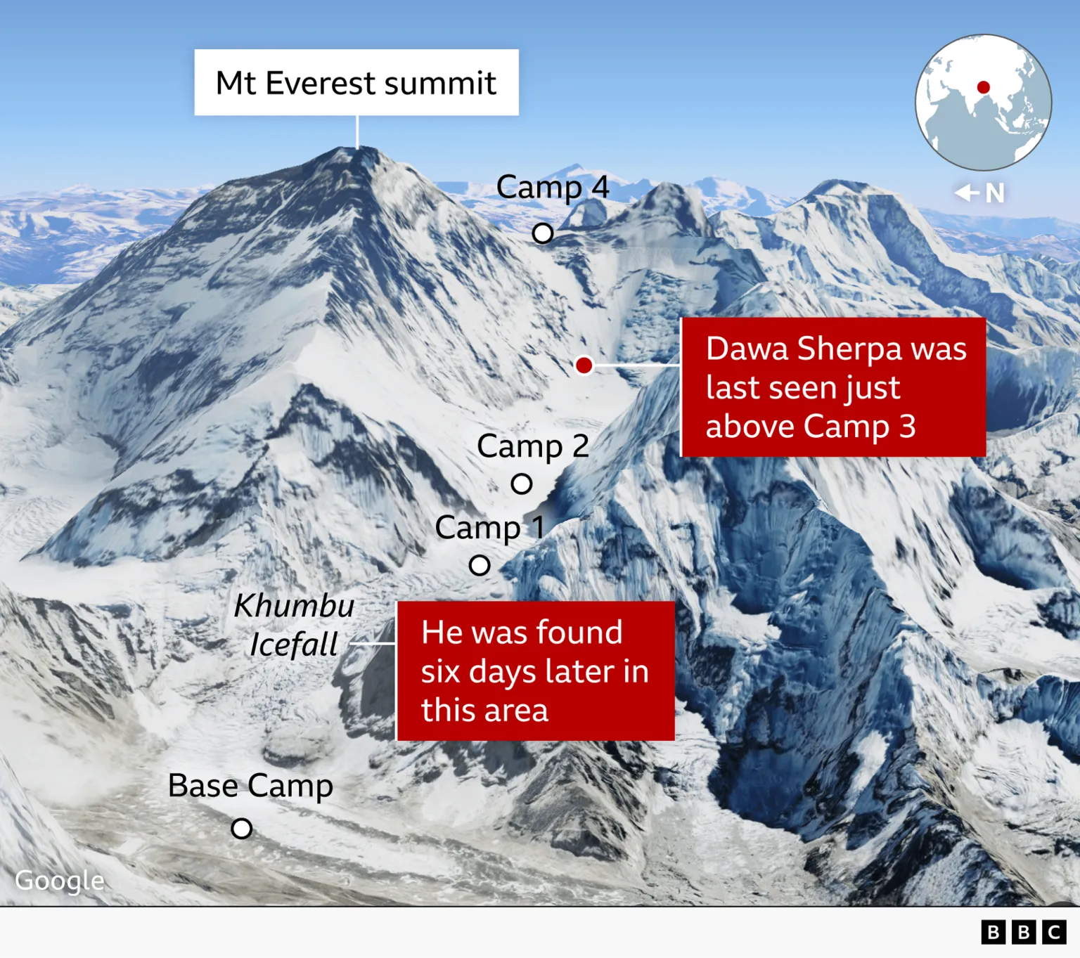 Map of Mount Everest showing where Nepali climbing guide Dawa Sherpa was last seen, between Camp 3 and 4, and where he was found, at the Khumbu Icefall approaching Base Camp