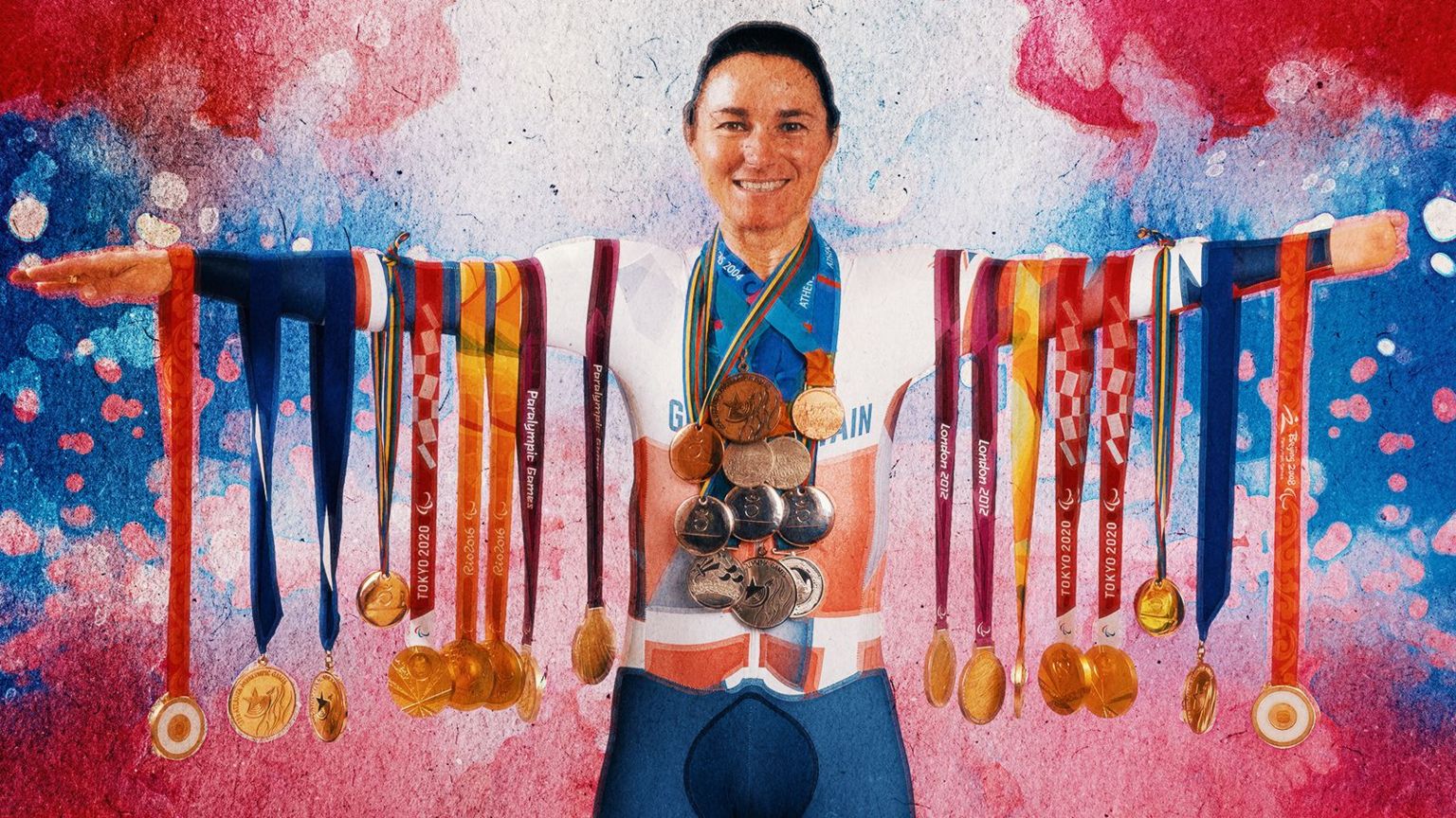 Graphic image of Sarah Storey with all her medals from the Paralympic medals around her neck and across her arms